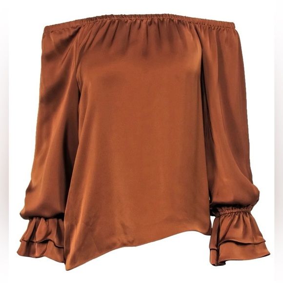 Ramy Brook Murphy Off Shoulder Satin Top in Copper - Picture 1 of 12